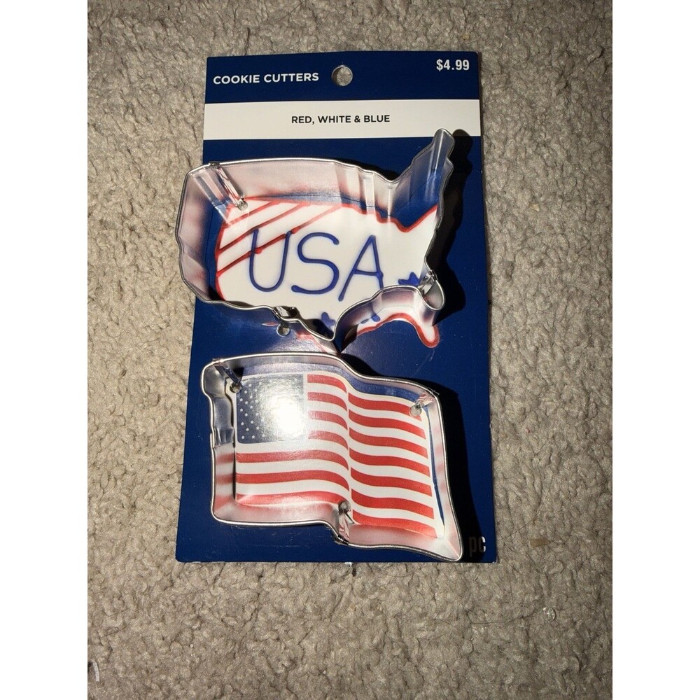 Patriotic Red, White & Blue USA Map and flag cookie cutters 2pc Metal Cutter NEW